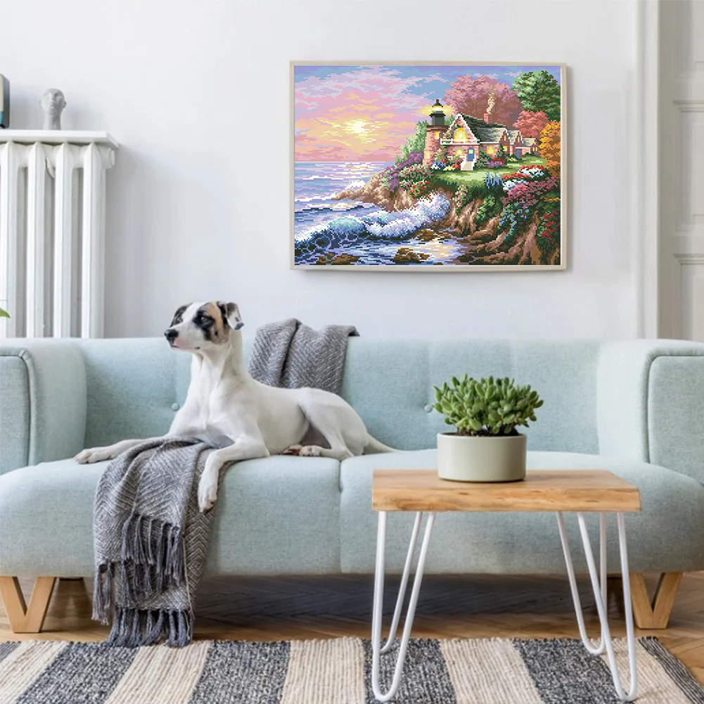 9CT Full Cross Stitch Bead Embroidery - Seaside Garden Lake(Canvas|55*43CM)