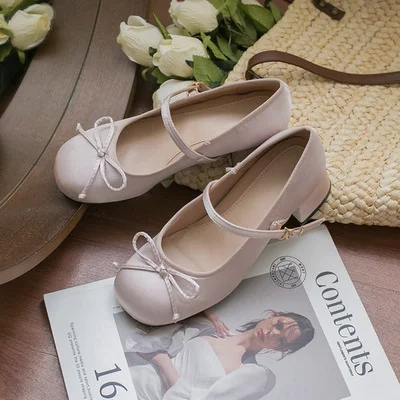 Brownm Brownm Satin Bow Mary Jane Shoes Spring Ballet With Retro Lolita Thick Heel Cheongsam With Skirt Single Shoes
