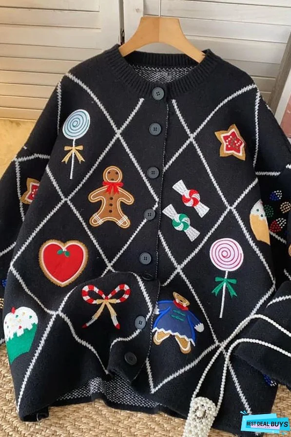 Argyle Candy Gingerbread Man Embroidered Button-knit Cardigan