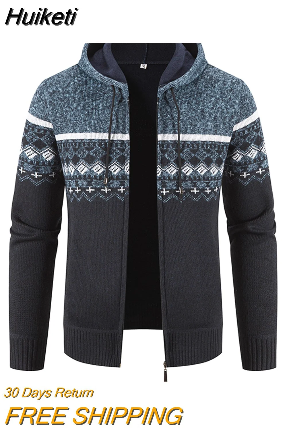 Huiketi Winter Fleece Men Sweater Cardigan Hooded Knitted Print Sweatercoat Mens Casual Warm Cardigan Zipper Hooded Cardigan Men