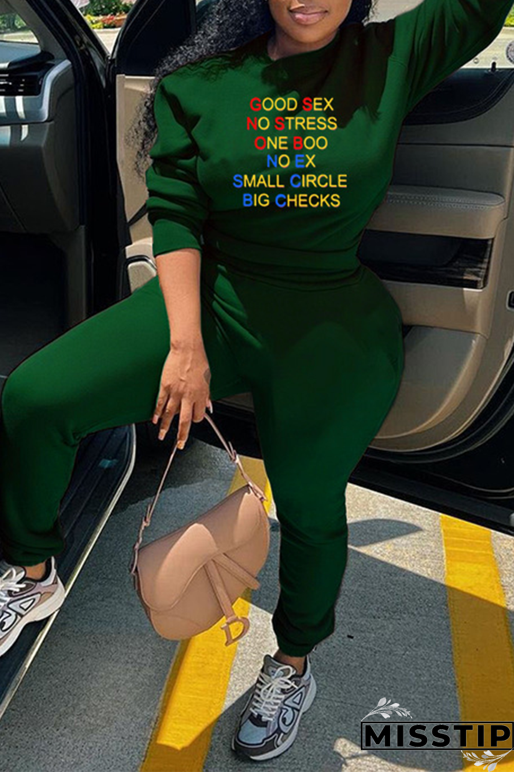 Dark Green Street Print Letter O Neck Long Sleeve Two Pieces
