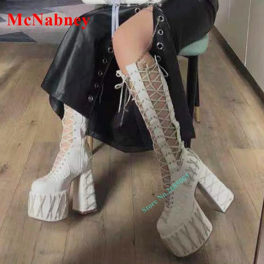 New Fashion Cross Tied Sandals Boots Women Shoes Platform Chunky High Heel Solid Lace Up Boots Knee High Spring Shoes Party Show