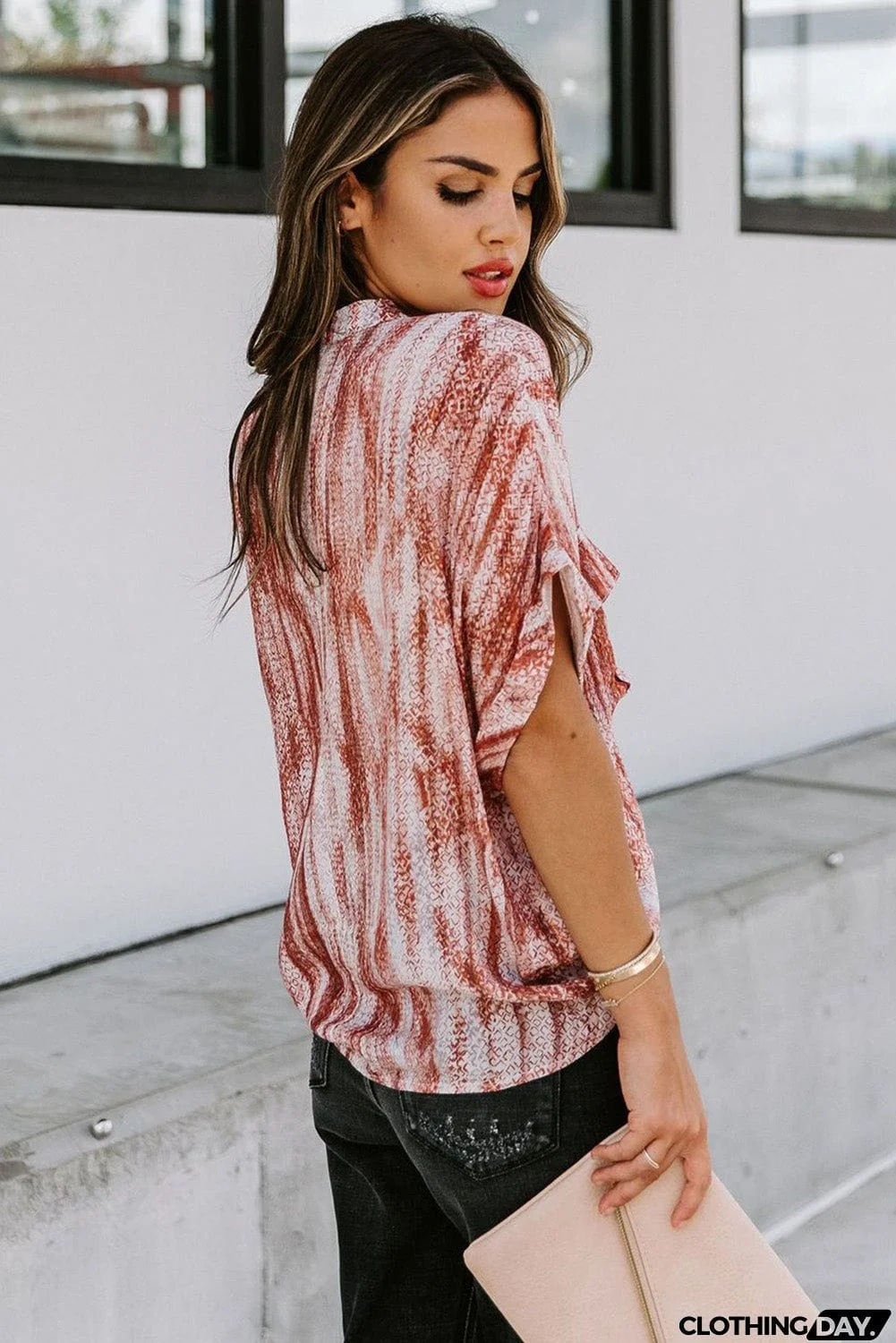 Printed Pocket Short Sleeve Blouse