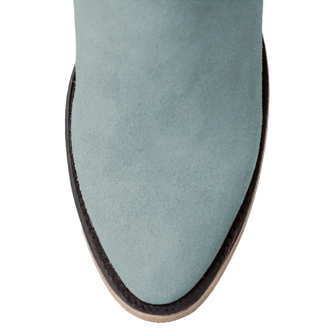 Light Blue Faux Suede Round Toe Side-Zip Block Heel Ankle Boots
