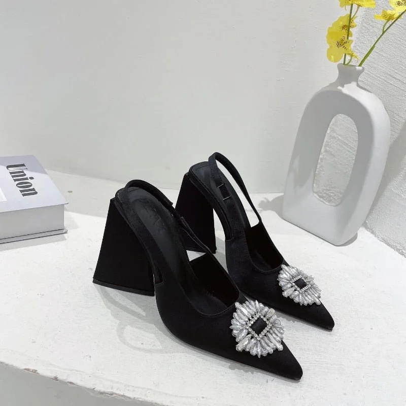 Shoes on High Heels Crystal Block Heel High Heel Sandals Heel Shoes Pointed Toe Rhinestone Triangle Heels Party Wedding Shoes