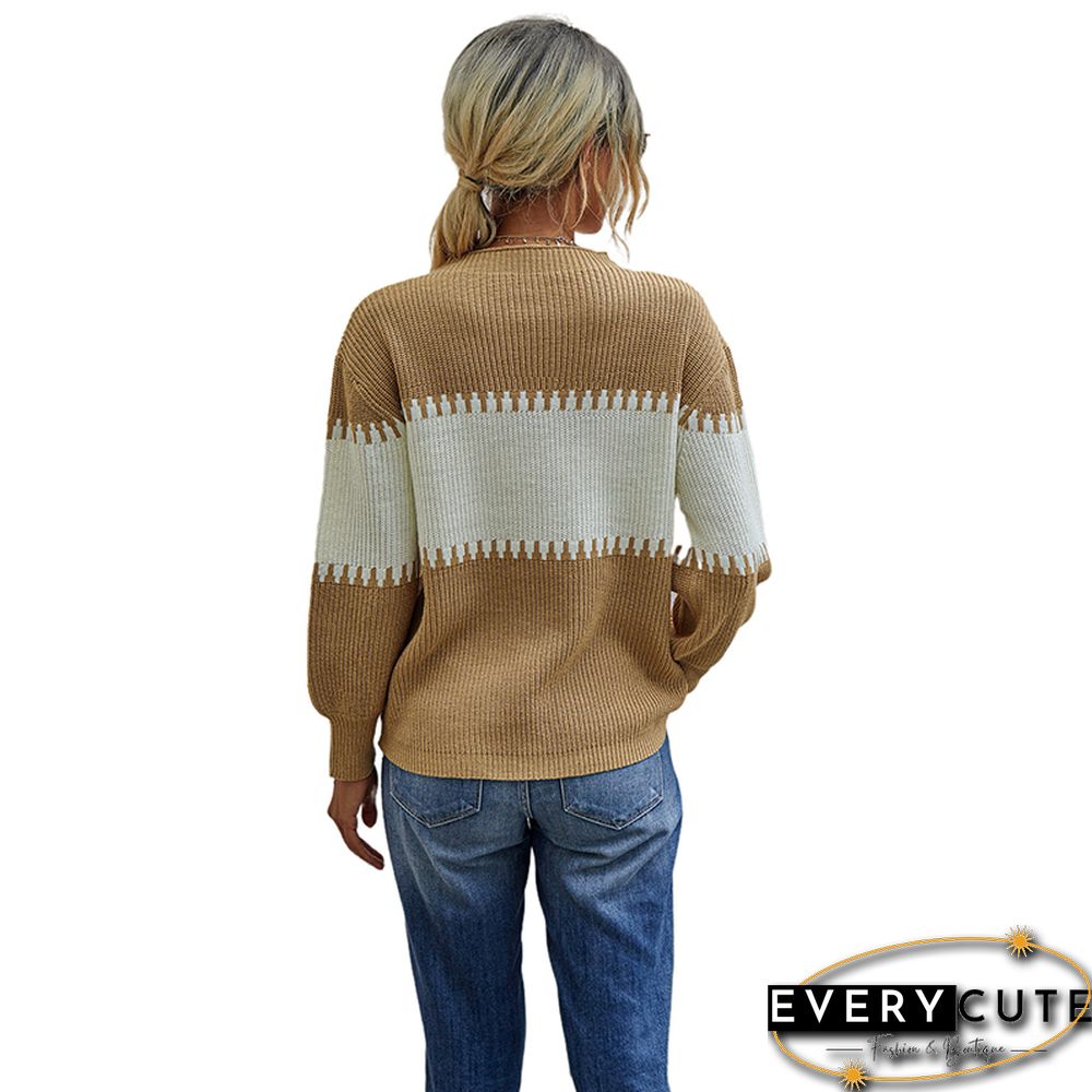 Khaki Color Block High Neck Woolen Sweater