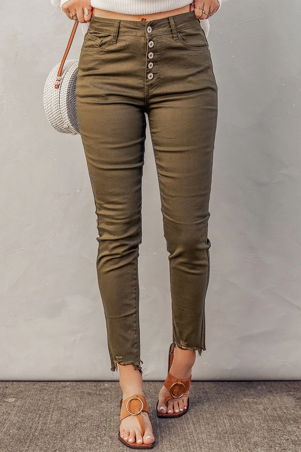Green Plain High Waist Buttons Frayed Cropped Denim Jeans | IFYHOME