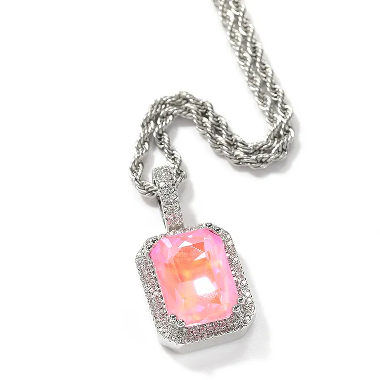Pink iced out gemstone pendant necklace with silver-tone setting