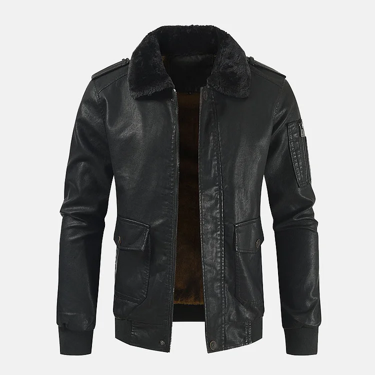 Casual Fur Turndown Collar Zipper Windproof Long Sleeve PU Leather Jacket