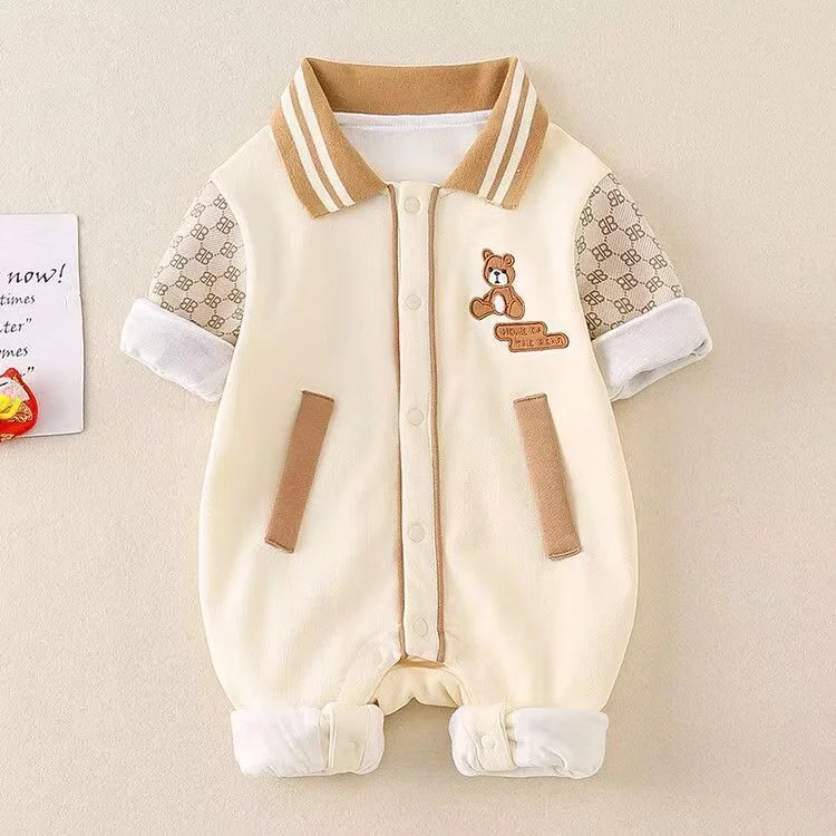 Baby Boy/Girl Embroidered Bear and Letter Long Sleeve Romper