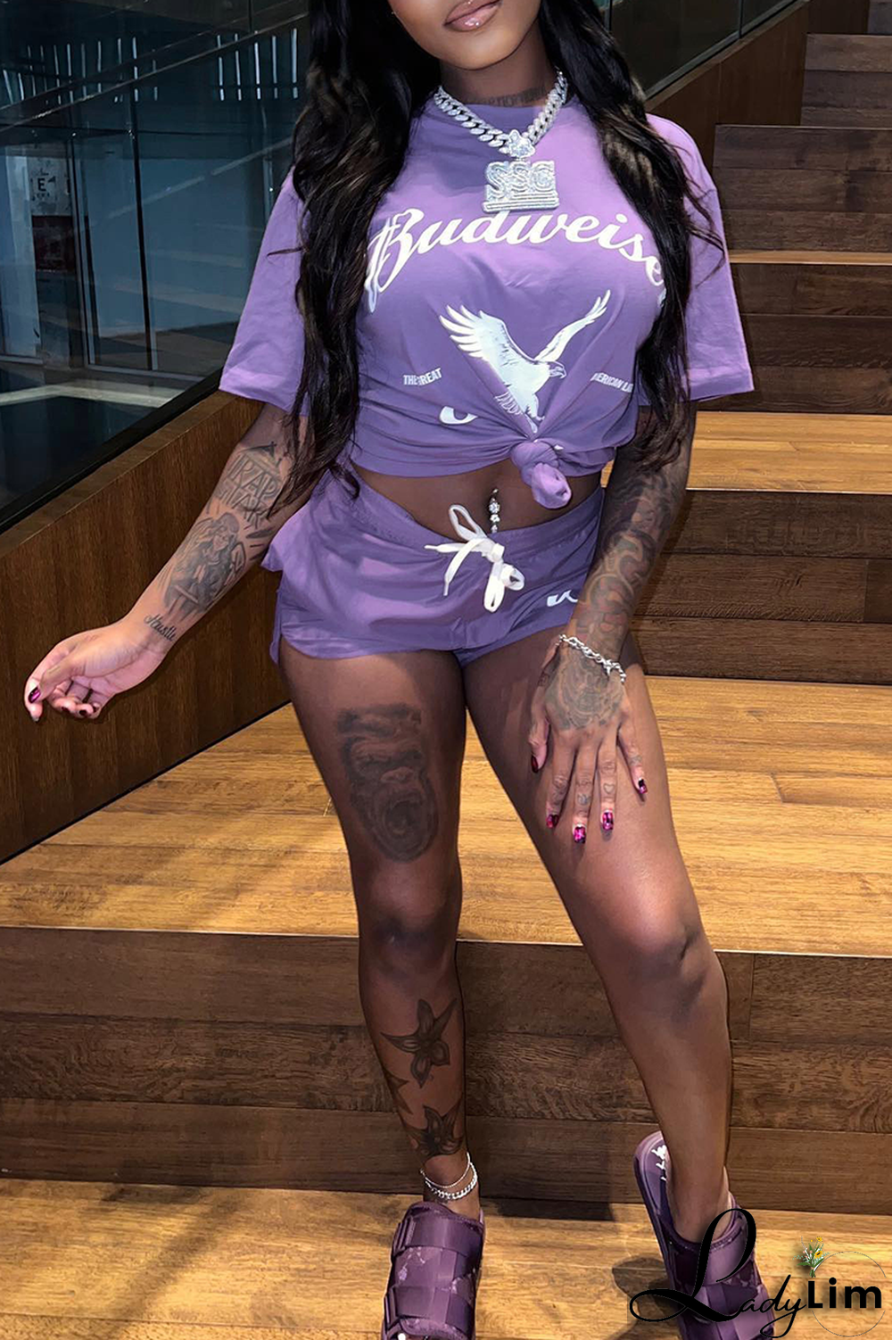 Red Fashion Print Split Joint O Neck Short Sleeve Two Pieces