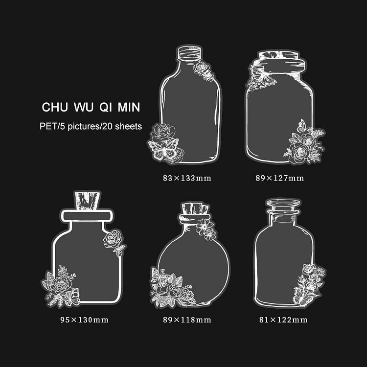 JOURNALSAY 20 Sheets Creative Transparent PET Waterproof Sticker Pack Glass Bottle DIY Journal Scrapbooking