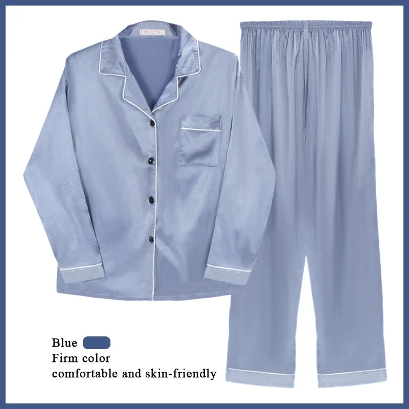 2 Pieces Faux Silk Satin Pajamas Set Autumn Women Silky Skin Friendly Nightwear Simple Comfortable Home Long Sleeve Clothes