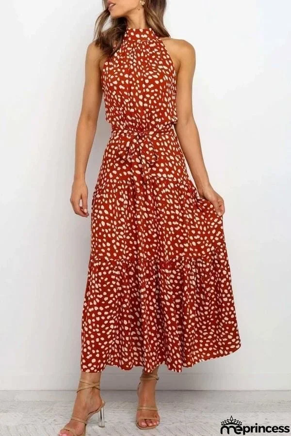 Sleeveless Polka Dot Round Neck Maxi Dress