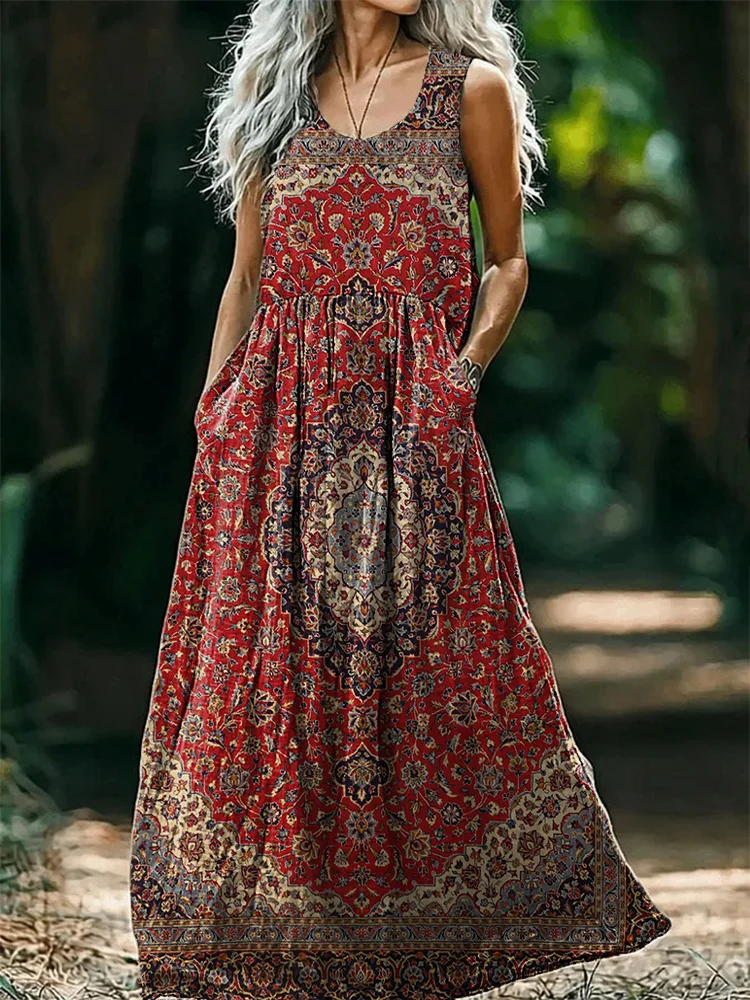 Women's Vintage Ethnic Tattoo Pattern Art Print Round Neck Sleeveless Cotton Pocket Dresses