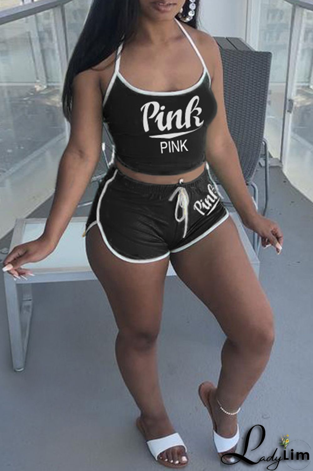 Burgundy Sexy Casual Letter Print Backless Halter Sleeveless Two Pieces