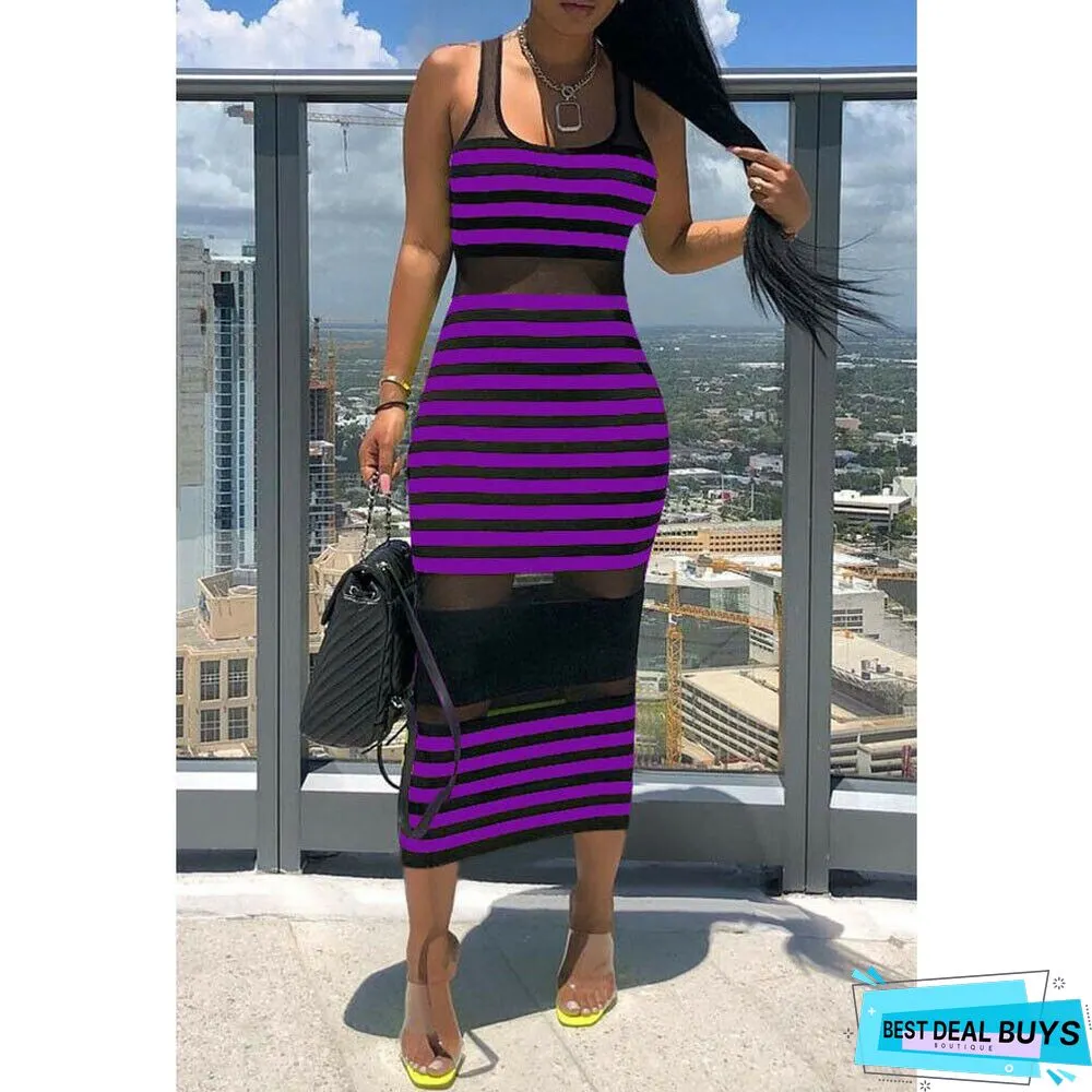 Women Striped Sleeveless Bandage Bodycon Dress Summer Beach Ladies Casual  Holiday Party Slim Dress Sundress
