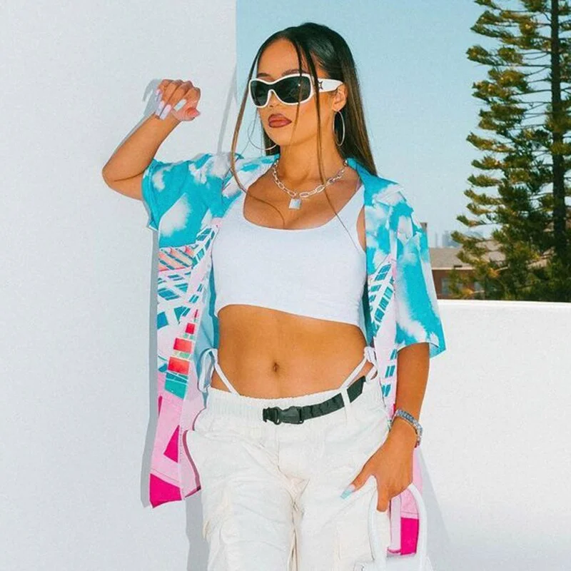 BIIKPIIK Summer Blouses Women Print Buttons Short Sleeved Turn Down Collar Tops Shirt Oversized Streetwear Sporty Casual Tshirts