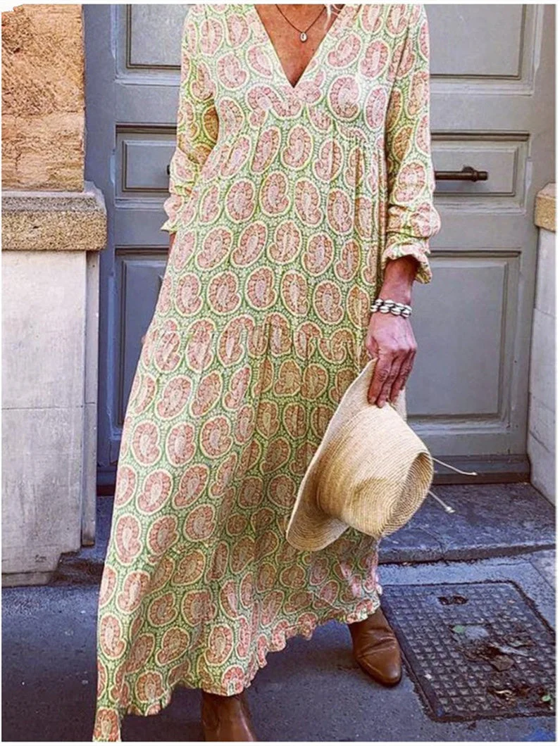 Women's Long Sleeve V-neck Graphic Printed Midi Dress