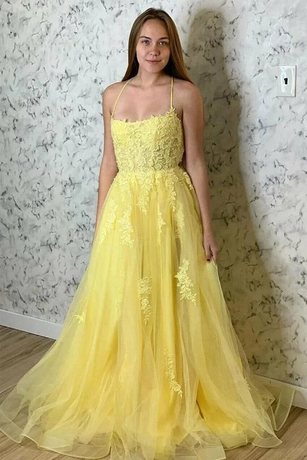 Luluslly Yellow Spaghetti-Straps Lace Appliques Long Evening Dress