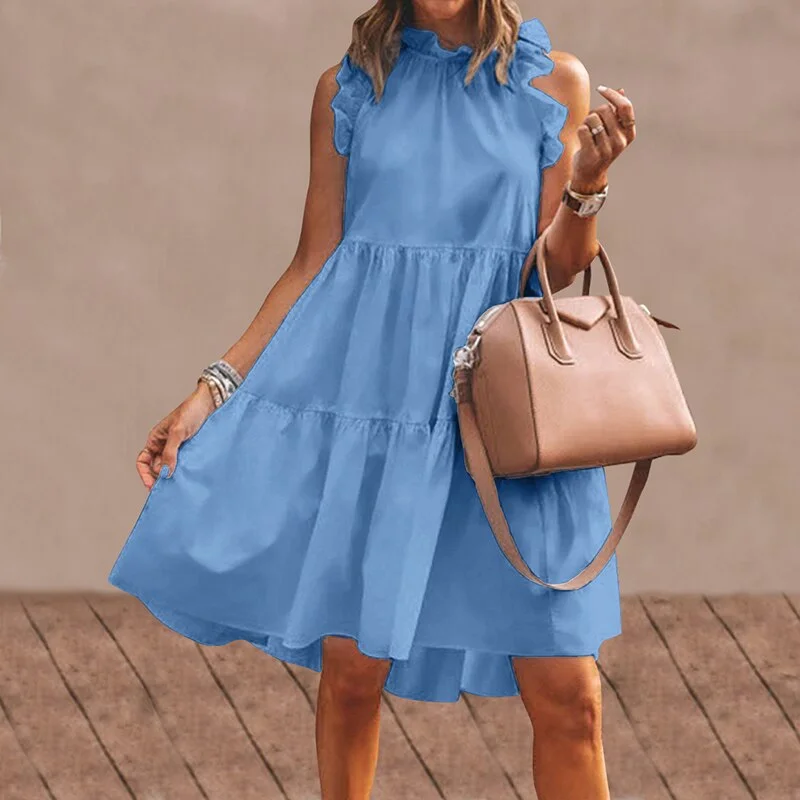 VONDA 2022 Summer Mini Dress Fashion Women Sexy Ruffled Sleeveless Tank Dresses Bohemian Casual Solid Vintage Vestidos Oversized