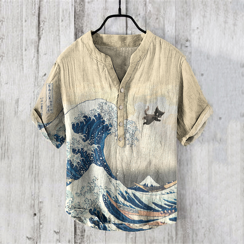 Comstylish Japanese Kanagawa Wave & Black Cats Art Print Henry Collar Shirt