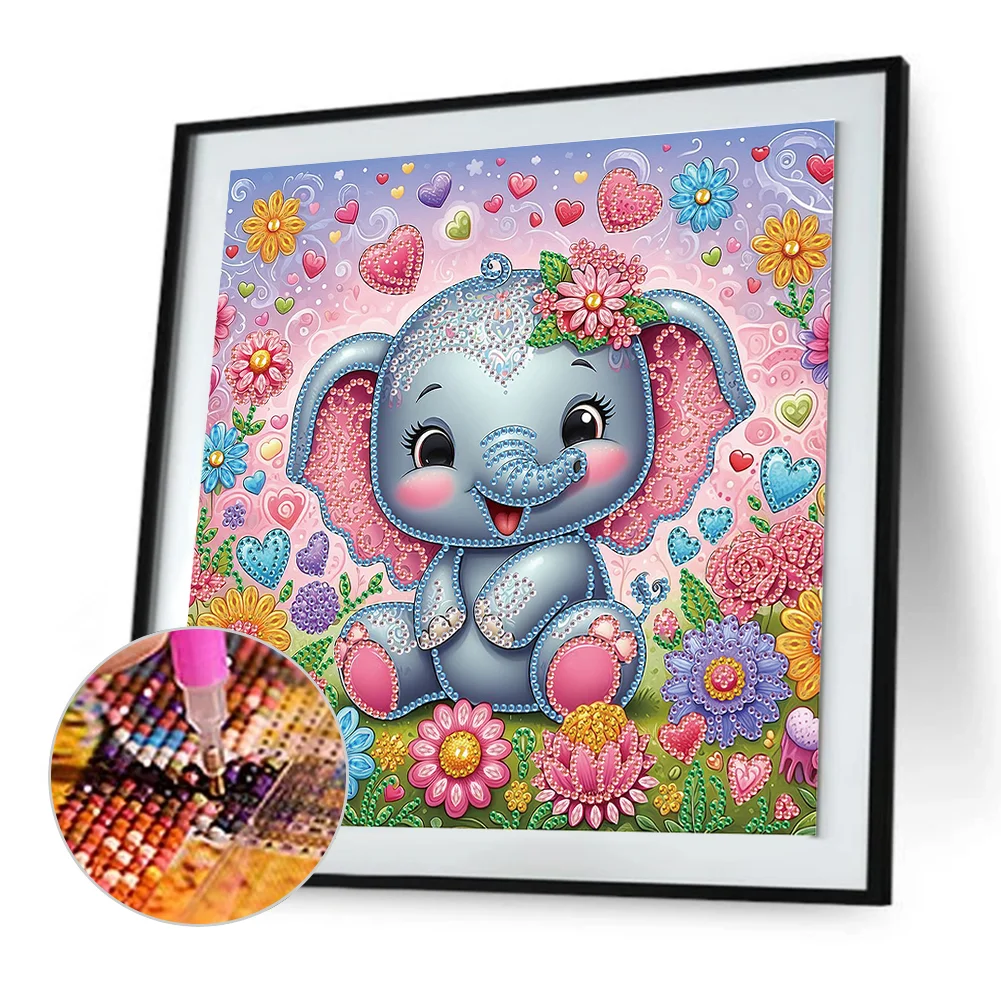 Diamond Painting - Partial Special Shaped Drill - Flower Cute Elephant(Canvas|30*30cm)