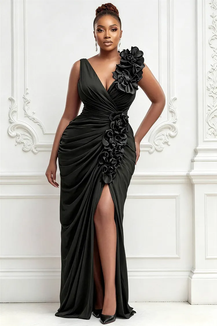Xpluswear Design Plus Size Formal Black V Neck 3D Split Maxi Dresses [Pre-Order] 2024 - Xpluswear