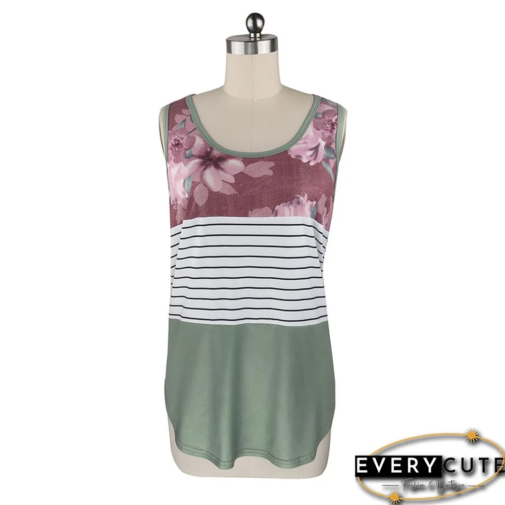 Army Green Colorblock Striped Tank Tops