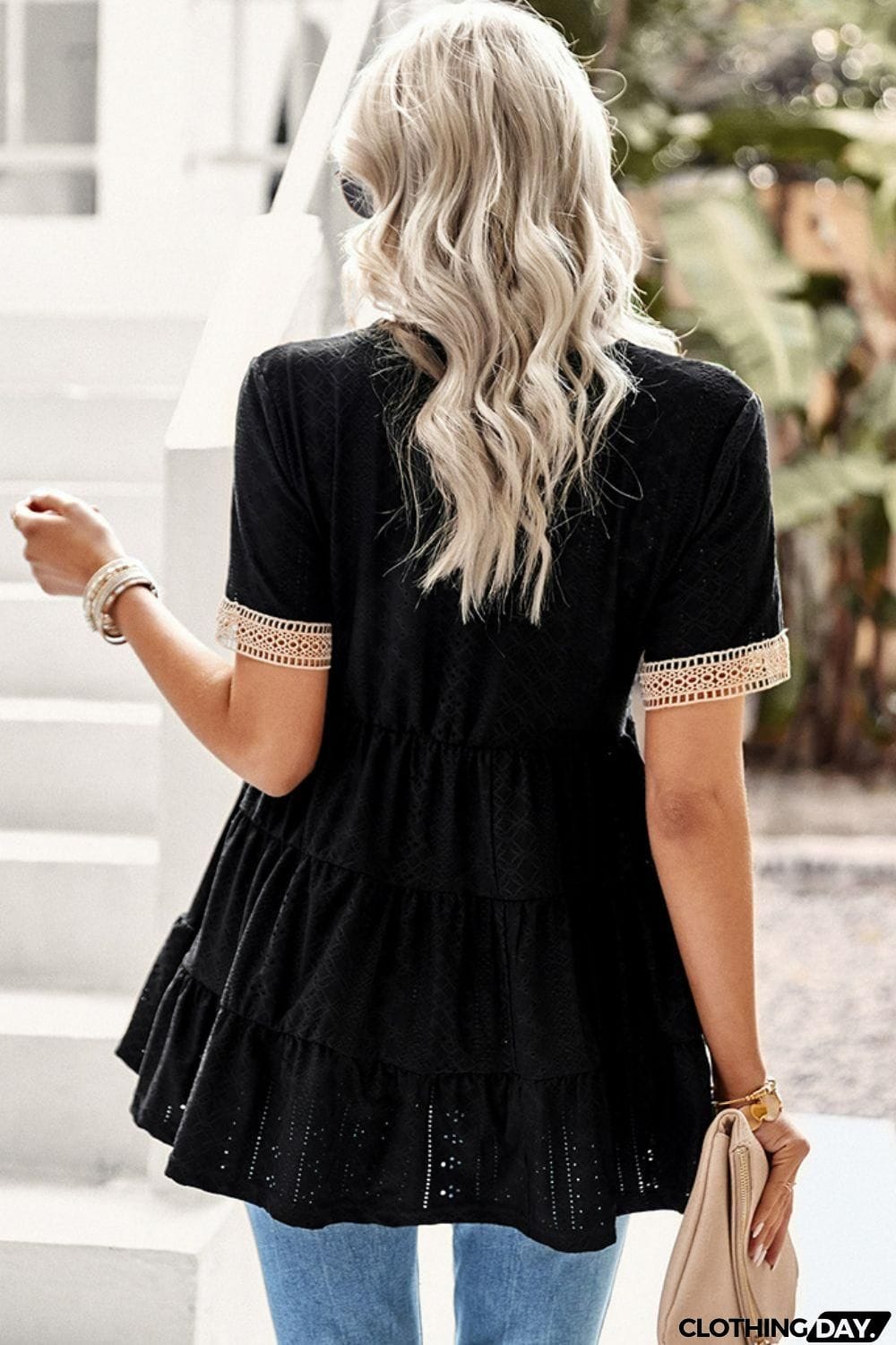Contrast Short Sleeve Tiered Blouse