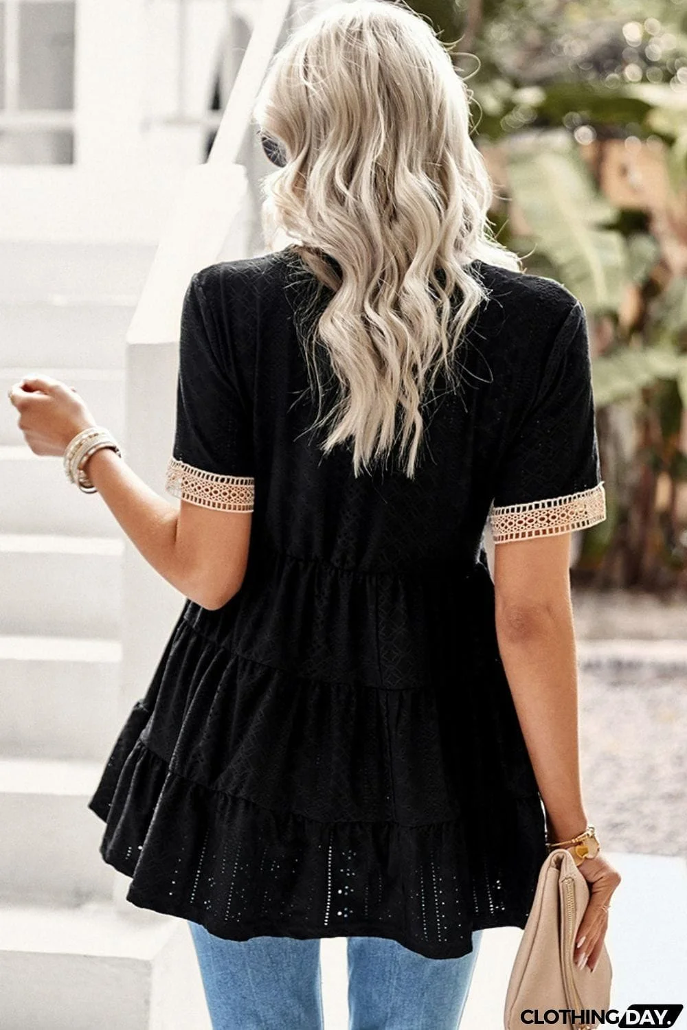Contrast Short Sleeve Tiered Blouse