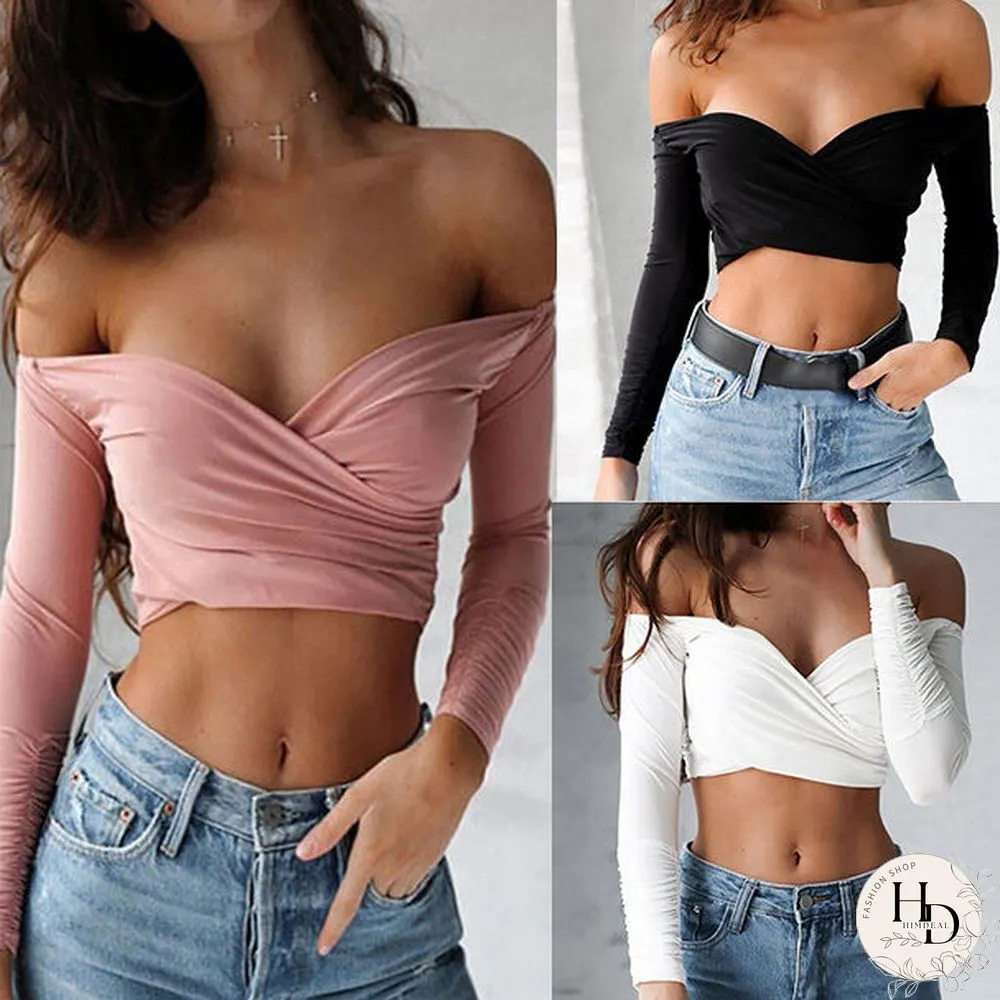 Sexy Deep V-neck Tops Cross Long Sleeve Lady Girl Crop OffThe Shoulder T-Shirt Summer