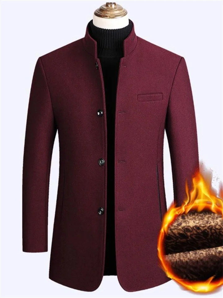 Men's Winter Coat Wool Coat Overcoat Blazer Short Coat Office Work Fall & Winter Wool Windproof Warm Outerwear Clothing Apparel Basic Chic & Modern Solid Colored Stand Collar-Cosfine