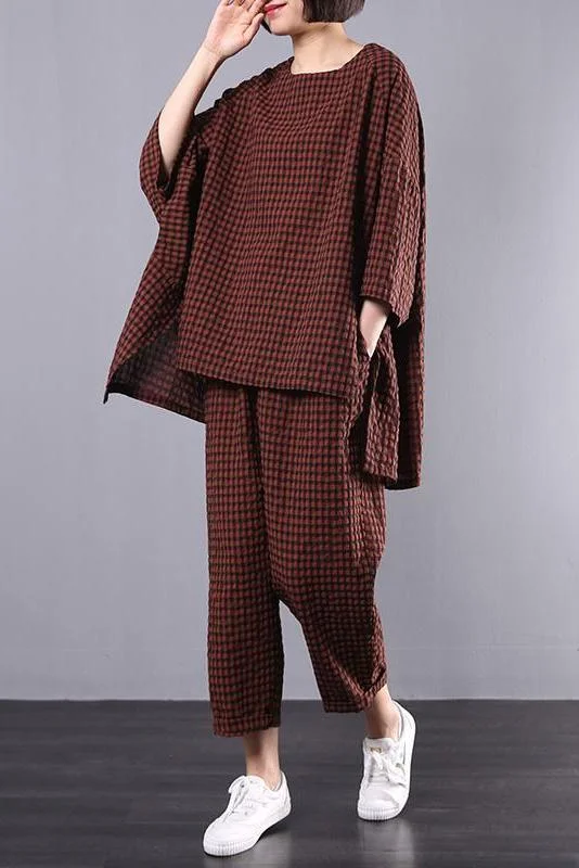 Plus Size - Cotton Linen Plaid Retro Blouse And Pants