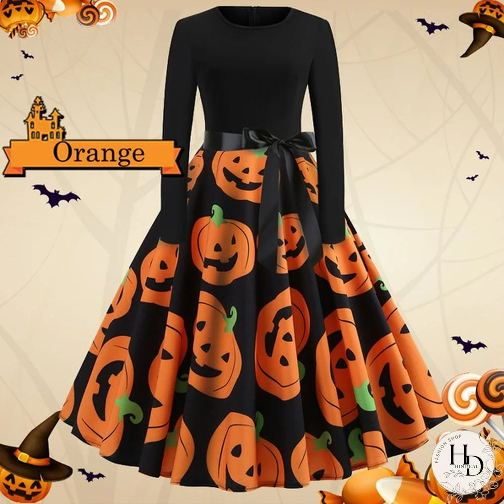 8 Colors Halloween Pumpkin Ghost Skull 3d Print Dresses Santa Claus Christmas Tree Printed Flared Swing Dresses Long Sleeve Ruched Gown Dress Xmas Festival Vestido de Mujer