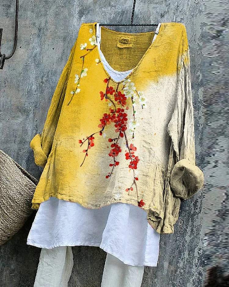 Gradient Plum Blossom Ink Style Art Tunic Shirt