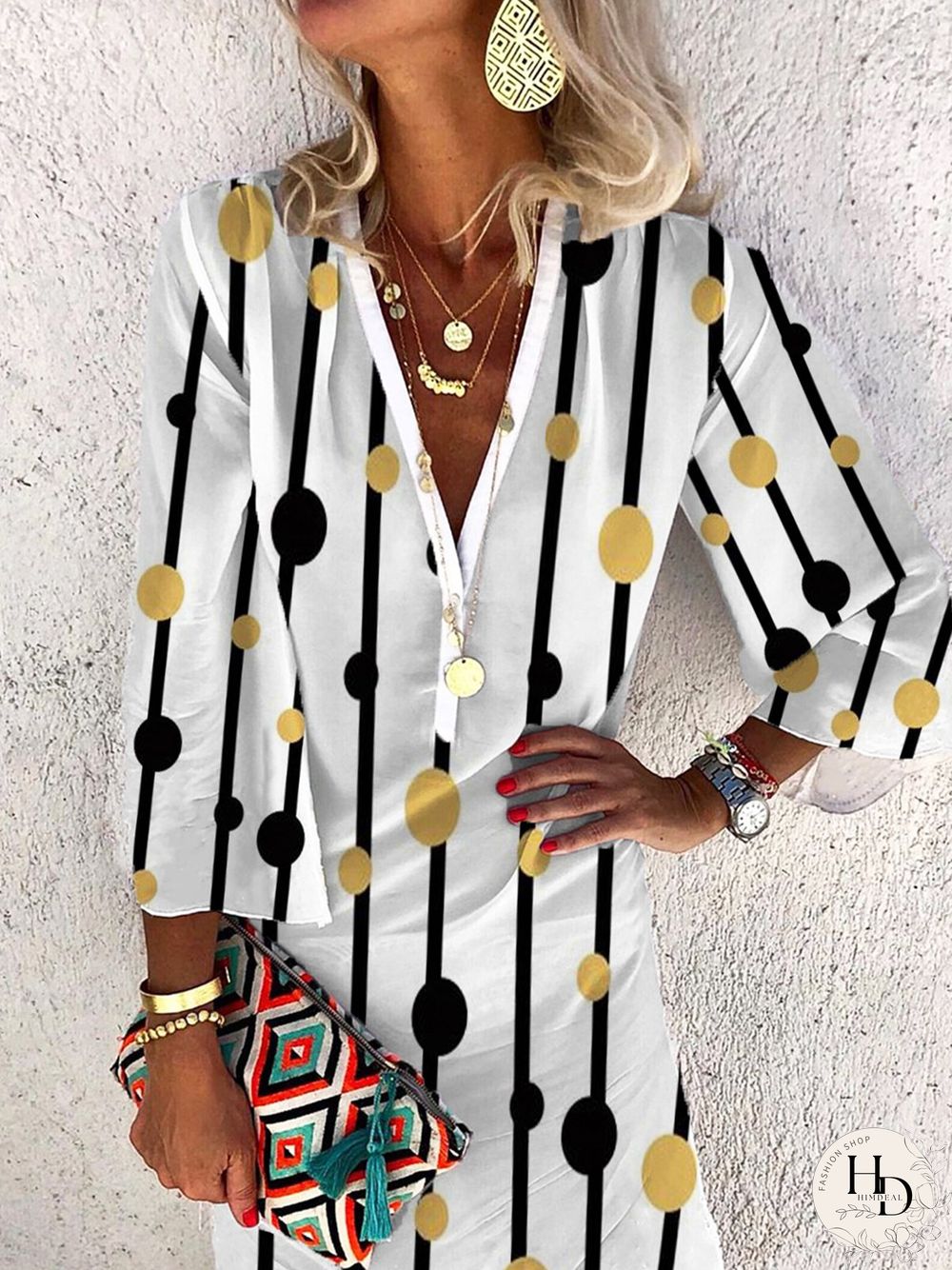 V Neck Casual Polka Dots Three Quarter Loose Dresses