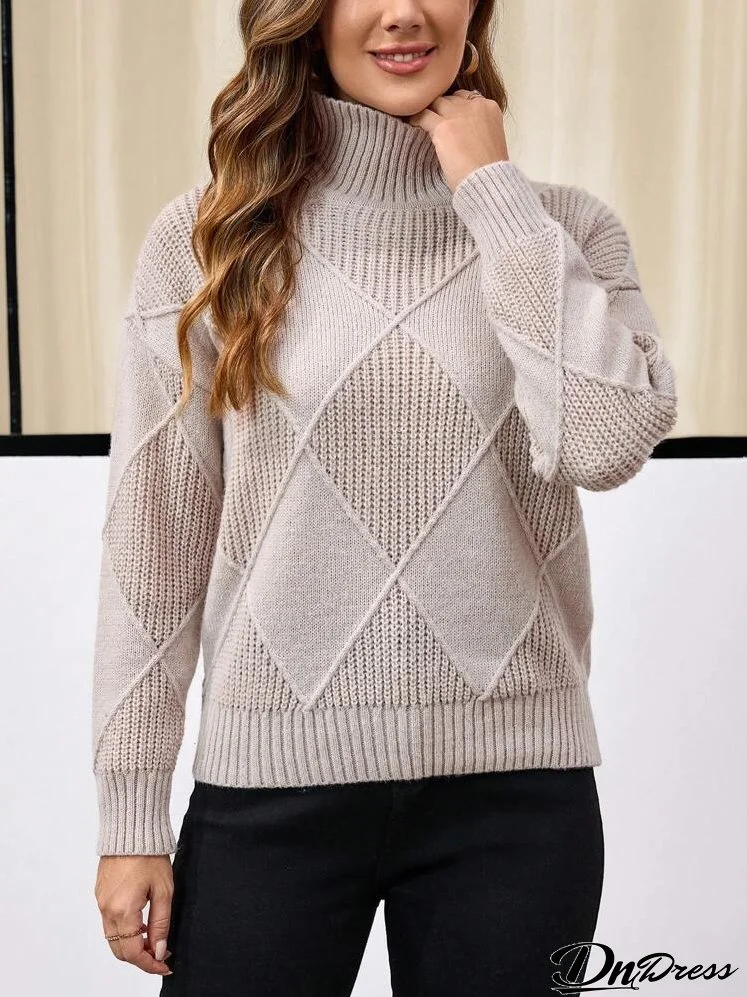 Women's Turtleneck Long Sleeve Textured Diamond Pattern Knitted Sweater