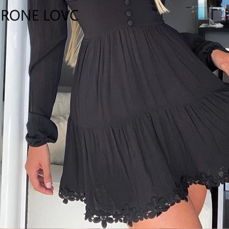 Uveng Women Long Sleeve Solid Lace Skinny Waist Dress  Elegant Fashion Party Dress