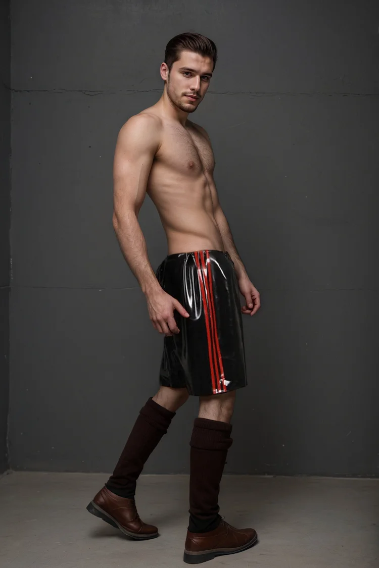 Men Black Latex Shorts Loose-Fitting Sports Red Stripes