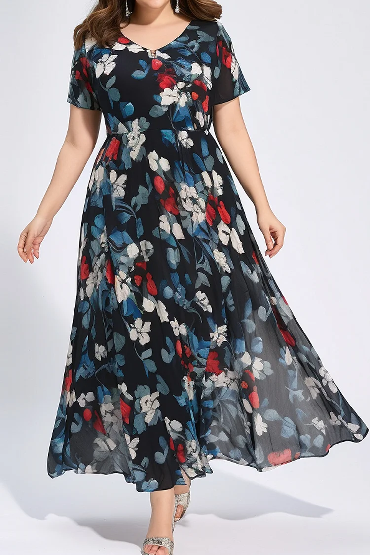 Flycurvy Plus Size Casual Black Chiffon Floral Print Tunic Maxi Dress  Flycurvy [product_label]