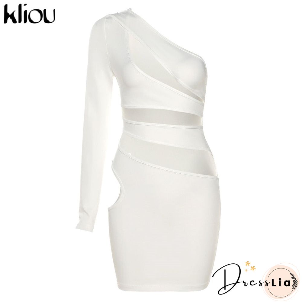Kliou Sexy Charming Mini Dress Women Sheath Cut Off Hollow Out Cleavage Single Side Long Sleeve Diagonal Collar Party Clubwear