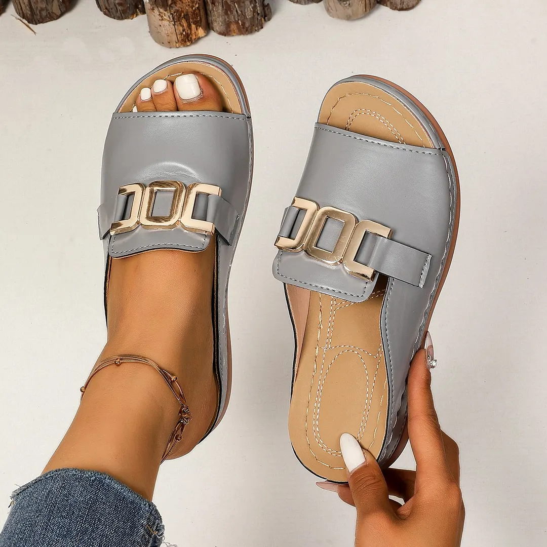 Breakj Breakj New Slope And Thick-Bottom Slippers Women Metal Decoration Type Roman Wind Fish Mouth Beach Cold Slippers