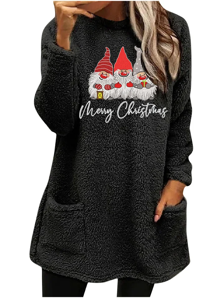 Women's New Fall and Winter Loose Long-sleeved Christmas Snowman Print Double-sided Velvet Pocket Round Neck Sweater