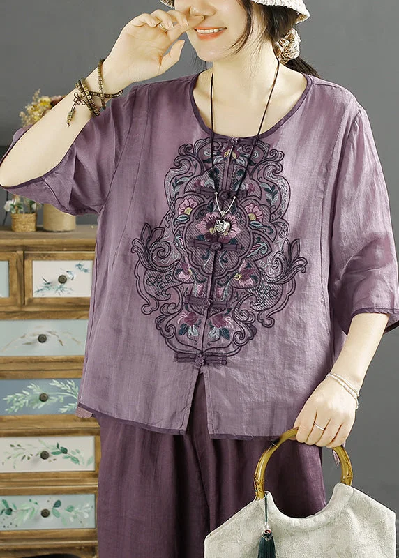 Chinese Style Purple O-Neck Embroideried Linen Shirt Summer