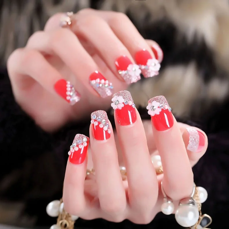 Weding accessories 24pcs/set  press on nails  Printing artificial nails Design Rose Red Blue Fake Nail With Glue Nail Tips 11.11-Nail Inspo