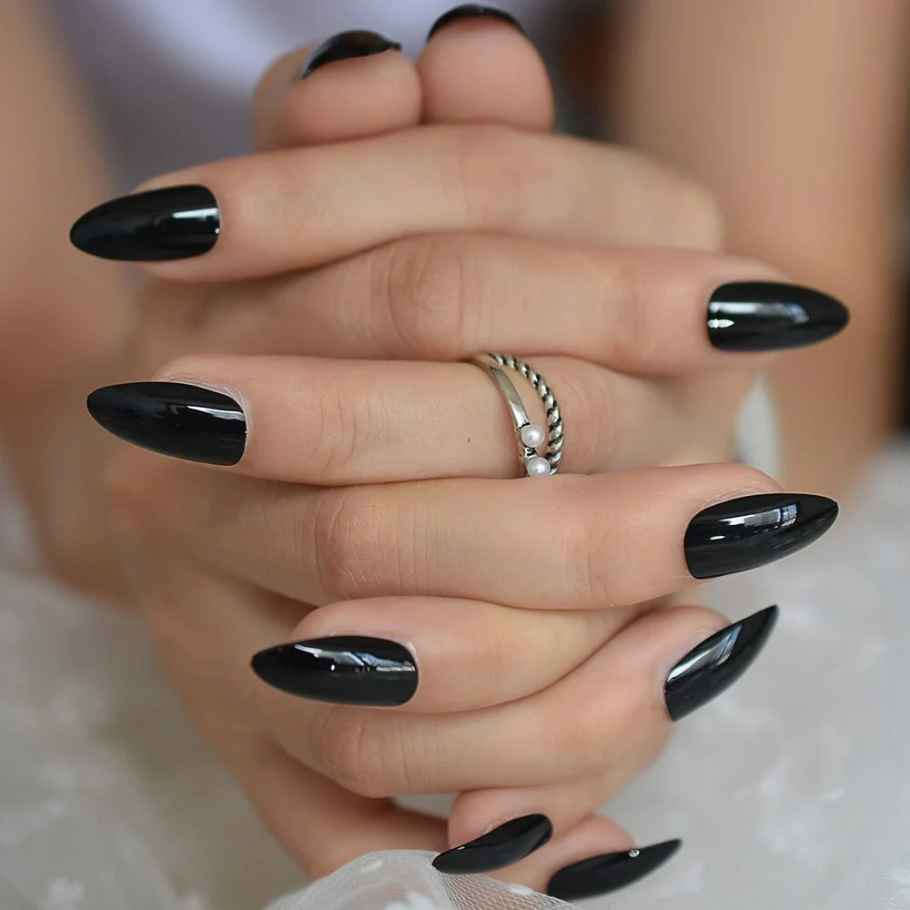 Black gel Nails Full Cover Glossy Stiletto Solid Color Full False Nail Wholesale Medium Press-on Finger Nails 24 Ct-Nail Inspo