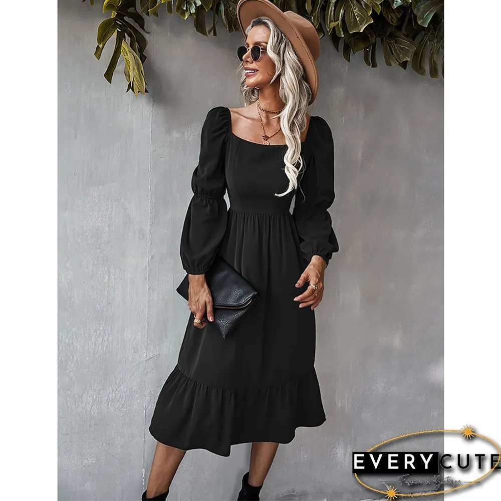 Black Square Neck Ruffle Detail Long Sleeve Dress
