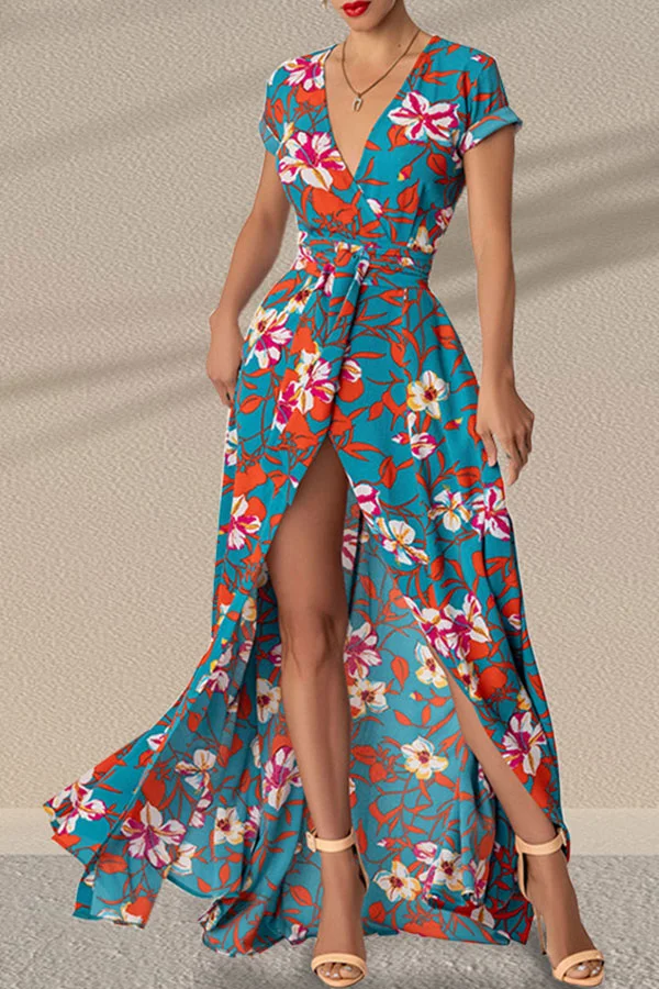 Floral Print Elegant Belted High Split Maxi Dress