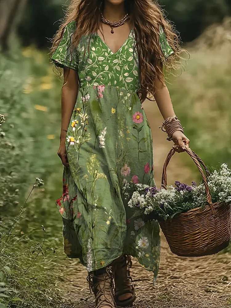 Women's Vintage Wildflower Art Linen V-neck Dress